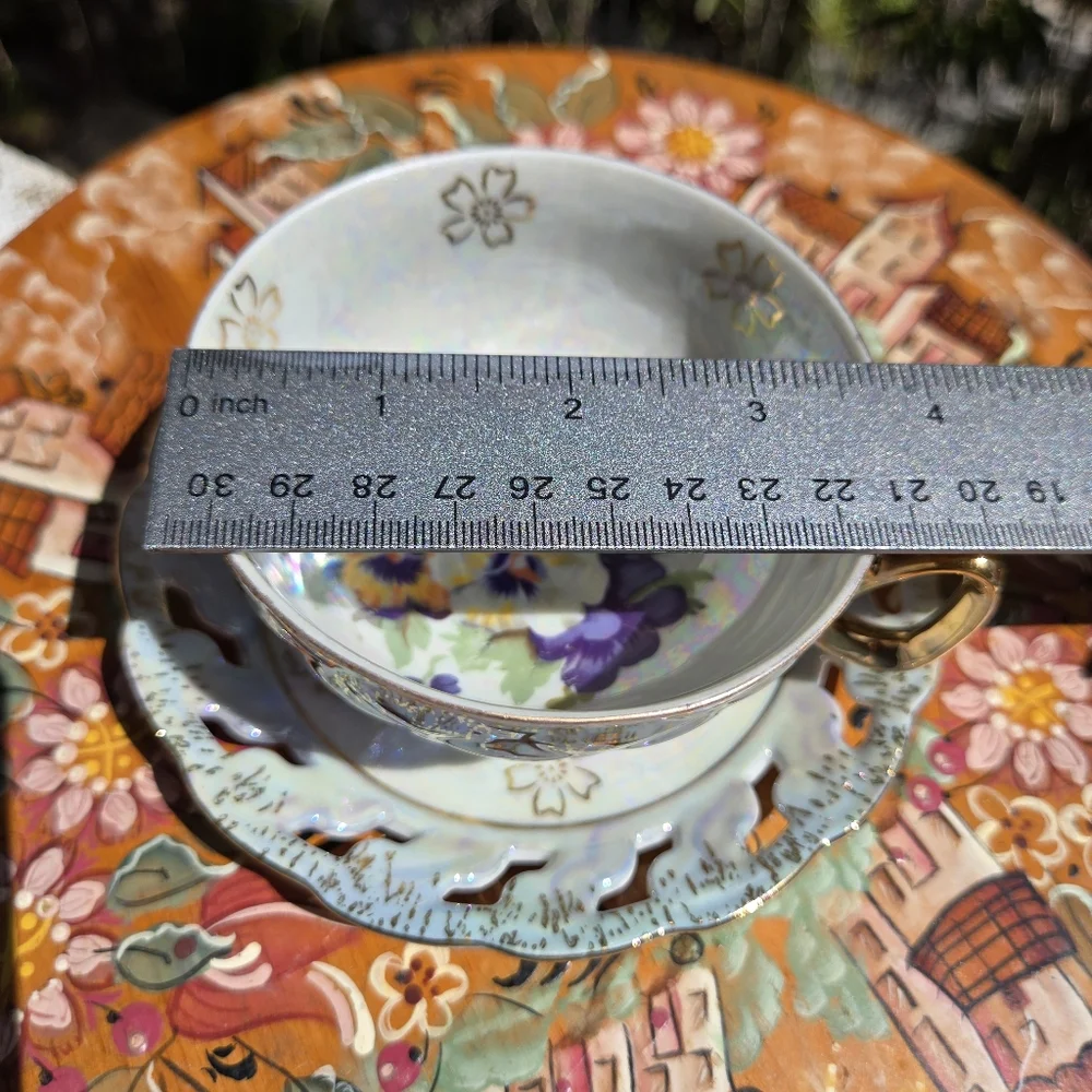 Vntg Lusterware‎ Footed Cup Pierced Saucer Gold trim B. P. Import Japan ART DECO